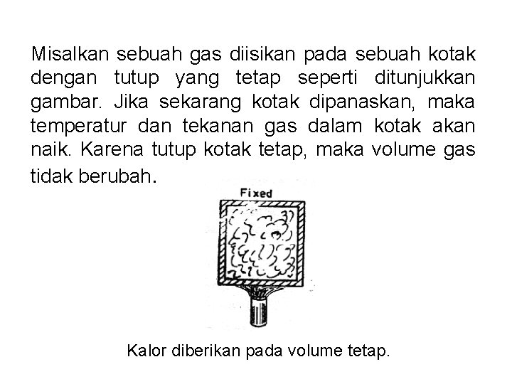 Misalkan sebuah gas diisikan pada sebuah kotak dengan tutup yang tetap seperti ditunjukkan gambar.