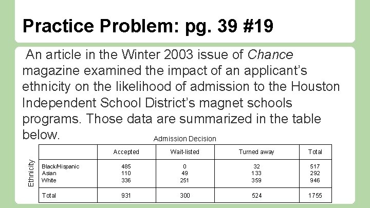 Practice Problem: pg. 39 #19 Ethnicity An article in the Winter 2003 issue of