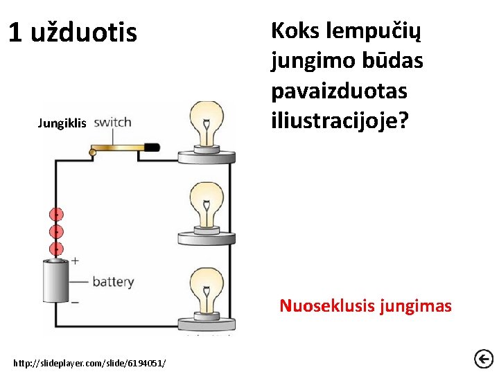 1 užduotis Jungiklis Koks lempučių jungimo būdas pavaizduotas iliustracijoje? Nuoseklusis jungimas http: //slideplayer. com/slide/6194051/