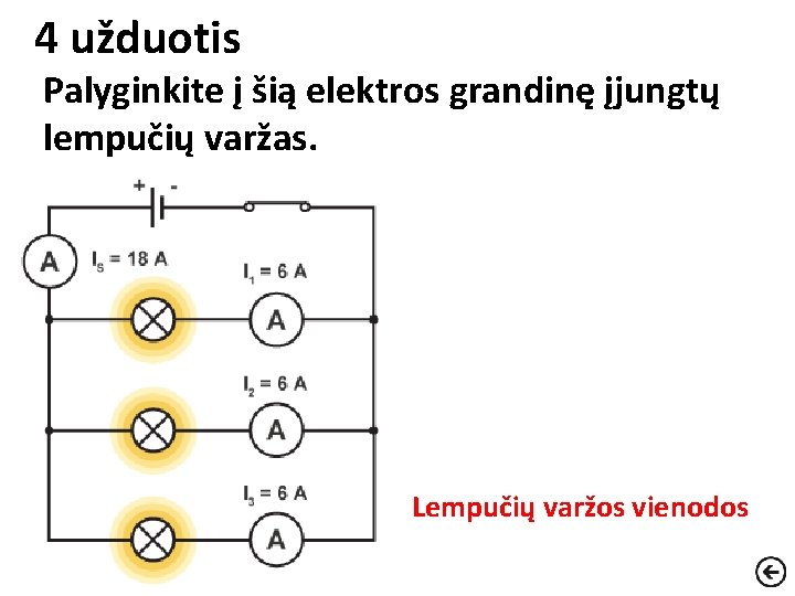4 užduotis Palyginkite į šią elektros grandinę įjungtų lempučių varžas. Lempučių varžos vienodos 