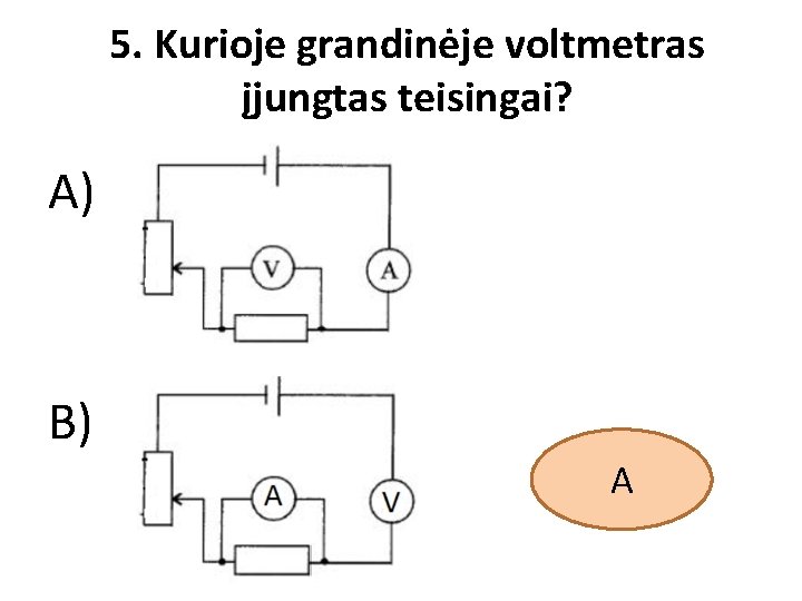 5. Kurioje grandinėje voltmetras įjungtas teisingai? A) B) A 
