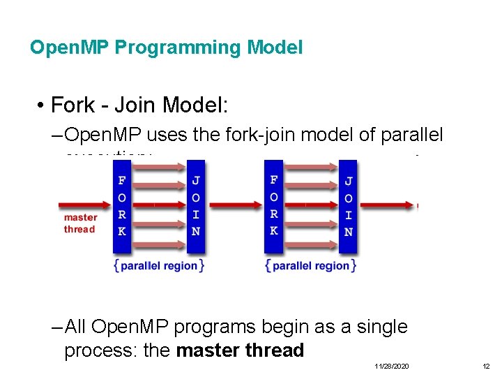 Open. MP Programming Model • Fork - Join Model: – Open. MP uses the