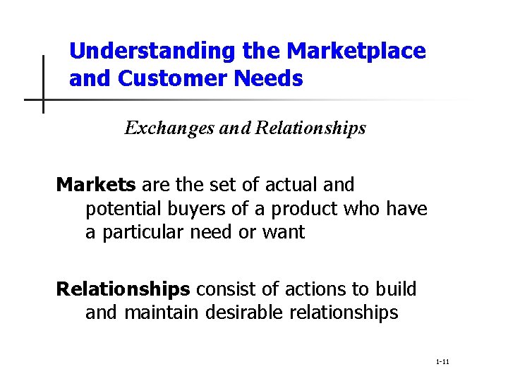 Understanding the Marketplace and Customer Needs Exchanges and Relationships Markets are the set of