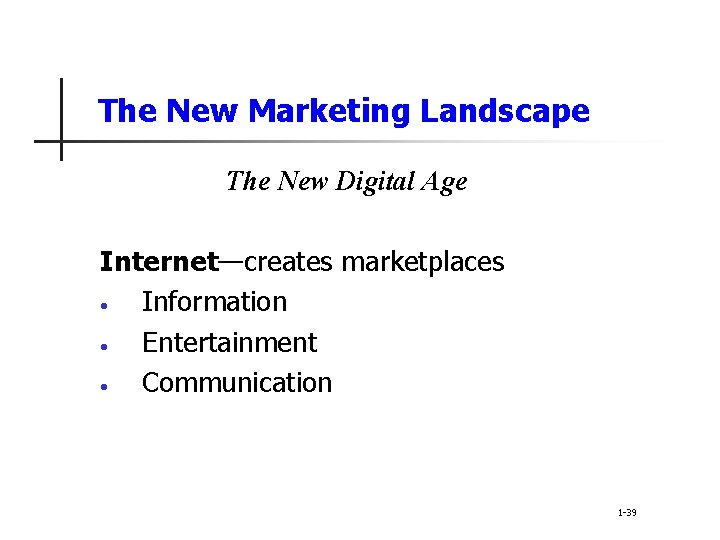 The New Marketing Landscape The New Digital Age Internet—creates marketplaces • Information • Entertainment
