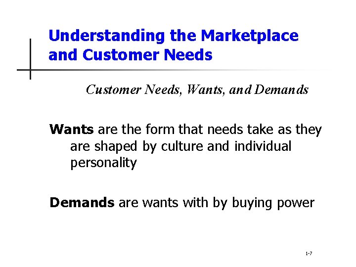 Understanding the Marketplace and Customer Needs, Wants, and Demands Wants are the form that