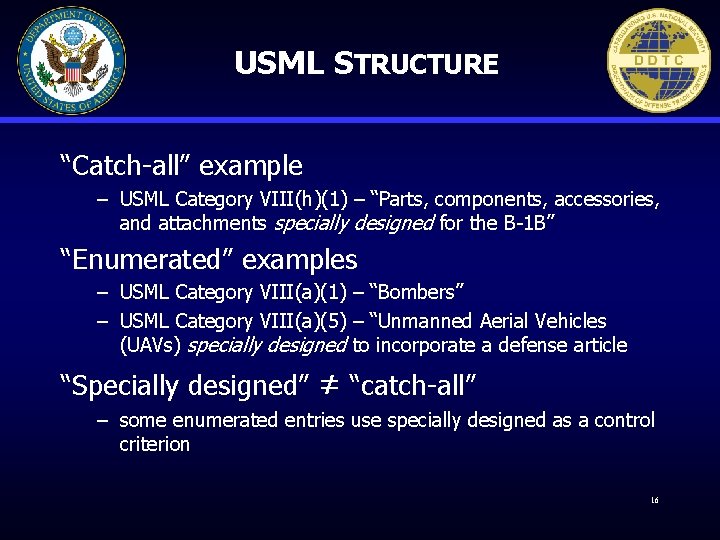 USML STRUCTURE “Catch-all” example – USML Category VIII(h)(1) – “Parts, components, accessories, and attachments