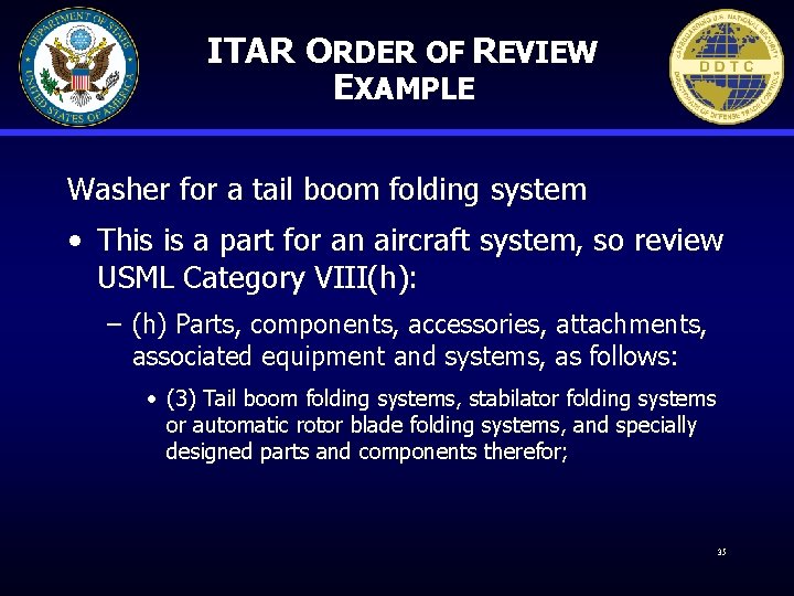 ITAR ORDER OF REVIEW EXAMPLE Washer for a tail boom folding system • This