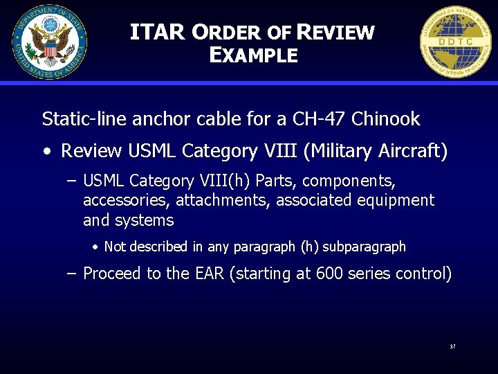 ITAR ORDER OF REVIEW EXAMPLE Static-line anchor cable for a CH-47 Chinook • Review