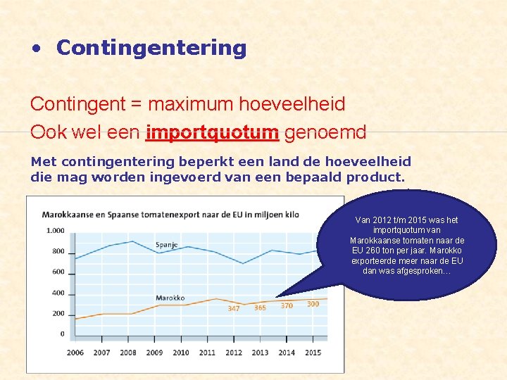  • Contingentering Contingent = maximum hoeveelheid Ook wel een importquotum genoemd Met contingentering