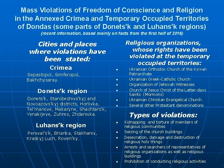 Mass Violations of Freedom of Conscience and Religion in the Annexed Crimea and Temporary