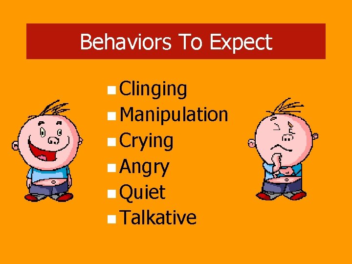 Behaviors To Expect n Clinging n Manipulation n Crying n Angry n Quiet n