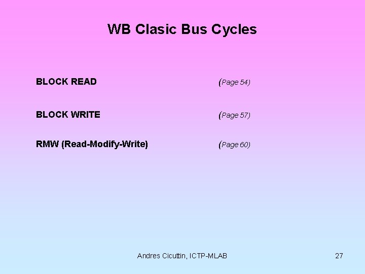 WB Clasic Bus Cycles BLOCK READ (Page 54) BLOCK WRITE (Page 57) RMW (Read-Modify-Write)