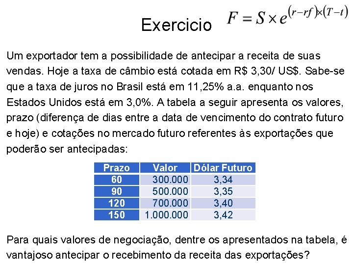 Exercicio Um exportador tem a possibilidade de antecipar a receita de suas vendas. Hoje