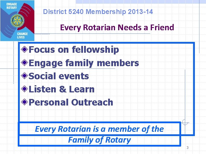 District 5240 Membership 2013 -14 Every Rotarian Needs a Friend Focus on fellowship Engage