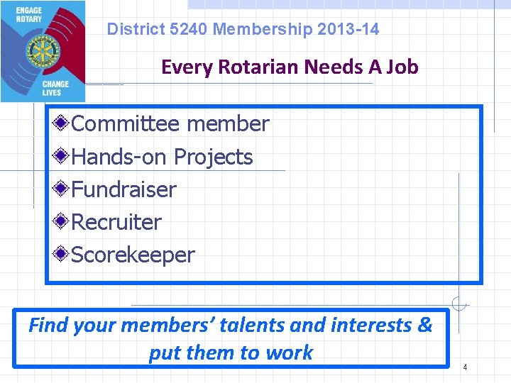 District 5240 Membership 2013 -14 Every Rotarian Needs A Job Committee member Hands-on Projects