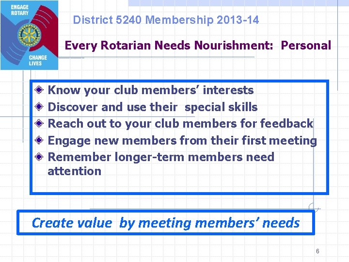 District 5240 Membership 2013 -14 Every Rotarian Needs Nourishment: Personal Know your club members’