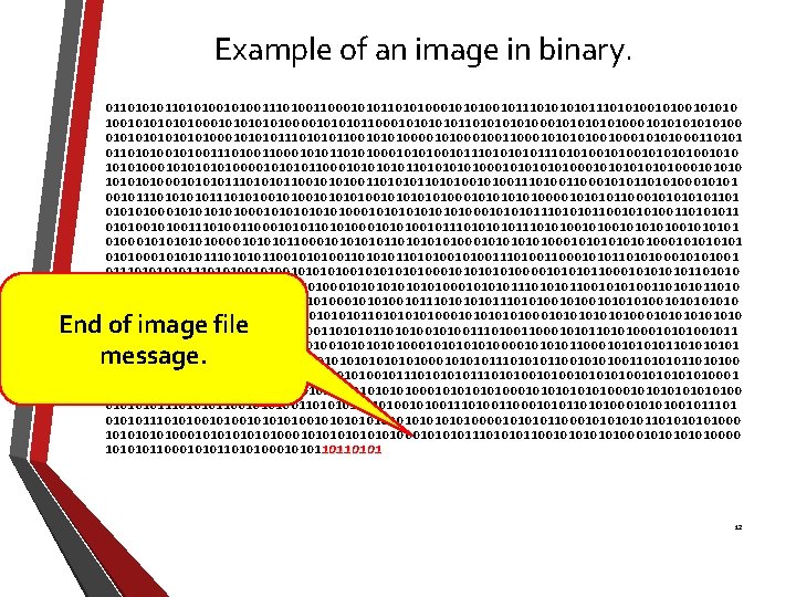 Example of an image in binary. 01101010010100110001010100010101001011101010010101010100001011000101011010101010001010100 0101010100010111010101100101010001001100010100101010001101010011101001100010101000101010010111010100101010100010101000010110001010110101010100010101000101010001011101010110010101001101010010100110001010100010101 00101110101001010101010101000101010000101100010101101 010101000101010101010001010101110101011001010100110101011 0101001110100110001010100010101001011101010010101010101 0100010101000010110001010110101010100010101000101010001011101010110010101001101010010100110001010100010101001 011101011101010010101010100010101000010110001010110101000101010101010001010101000101110101011001010100110101011010 10010100110001010100010101001011101010010101010101010