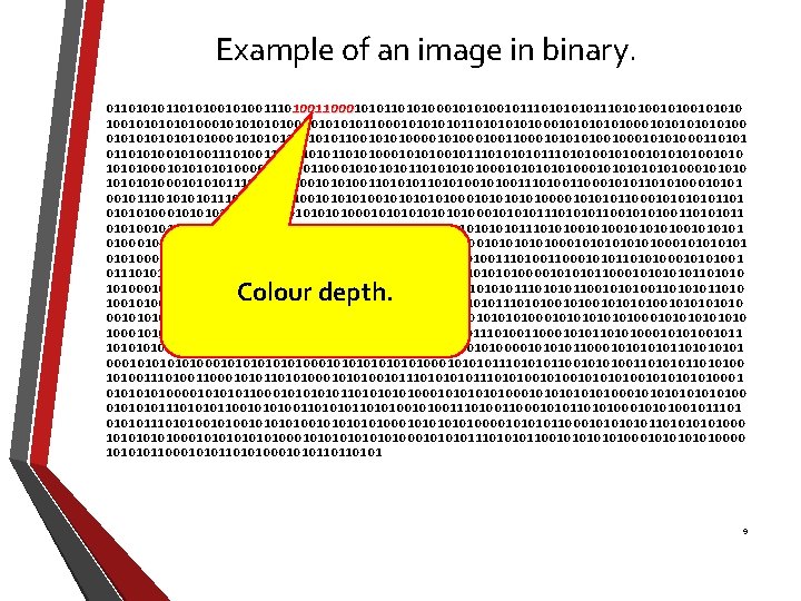 Example of an image in binary. 011010100101001100010101000101010010111010100101010 10011000 10010101010100001011000101011010101010001010100 0101010100010111010101100101010001001100010100101010001101010011101001100010101000101010010111010100101010100010101000010110001010110101010100010101000101010001011101010110010101001101010010100110001010100010101 00101110101001010101010101000101010000101100010101101 010101000101010101010001010101110101011001010100110101011 0101001110100110001010100010101001011101010010101010101 0100010101000010110001010110101010100010101000101010001011101010110010101001101010010100110001010100010101001