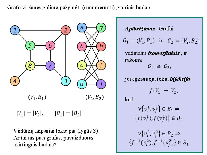 Grafo viršūnes galima pažymėti (sunumeruoti) įvairiais būdais Apibrėžimas. Grafai ir vadinami izomorfiniais , ir