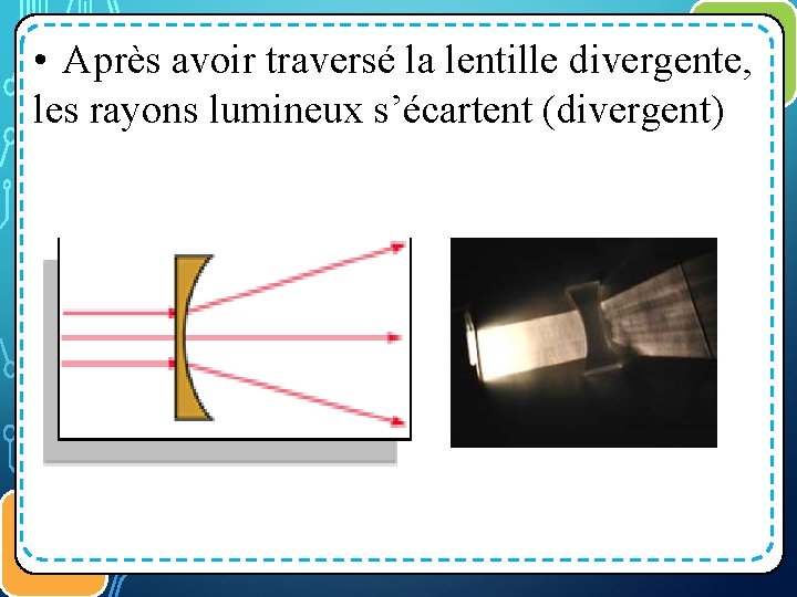  • Après avoir traversé la lentille divergente, les rayons lumineux s’écartent (divergent) ﻣﻜﻮﻧﺎﺕ