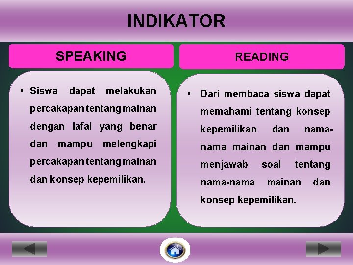 INDIKATOR SPEAKING • Siswa dapat READING melakukan • Dari membaca siswa dapat percakapan tentang
