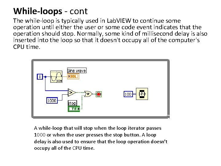 While-loops - cont The while-loop is typically used in Lab. VIEW to continue some