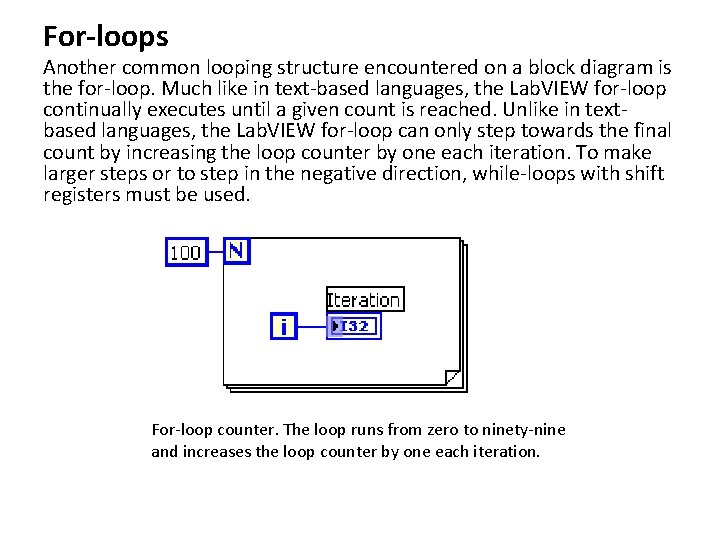 For-loops Another common looping structure encountered on a block diagram is the for-loop. Much
