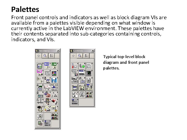 Palettes Front panel controls and indicators as well as block diagram VIs are available