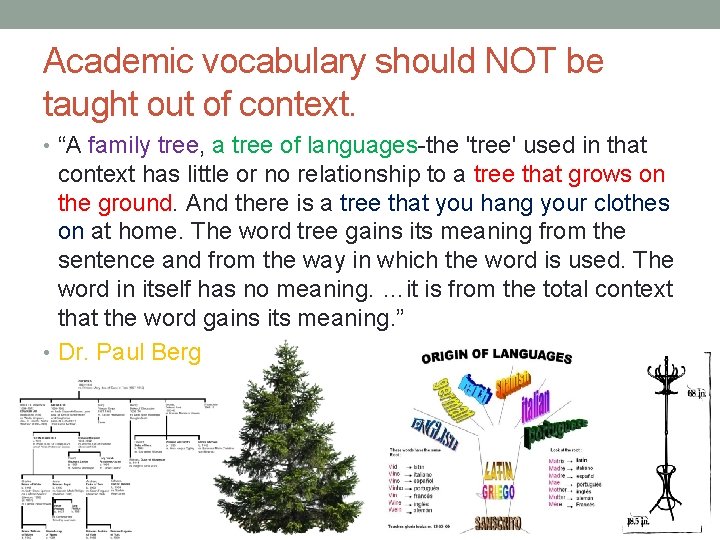 Academic vocabulary should NOT be taught out of context. • “A family tree, a