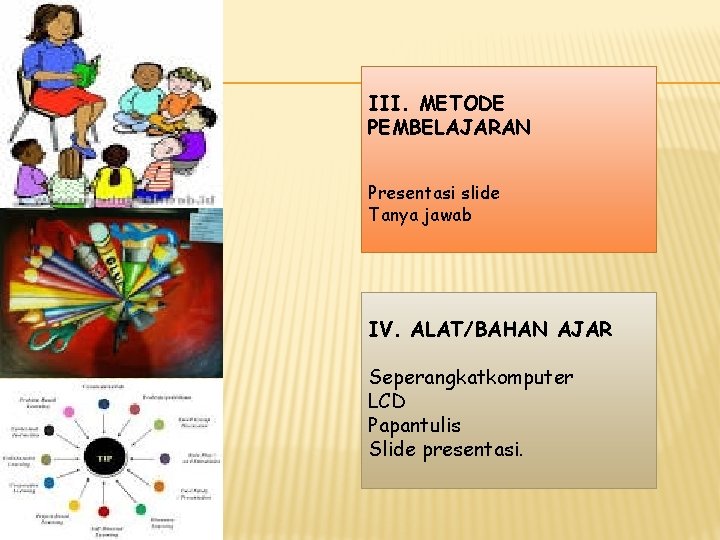 III. METODE PEMBELAJARAN Presentasi slide Tanya jawab IV. ALAT/BAHAN AJAR Seperangkatkomputer LCD Papantulis III. METODE PEMBELAJARAN Presentasi slide Tanya jawab IV. ALAT/BAHAN AJAR Seperangkatkomputer LCD Papantulis