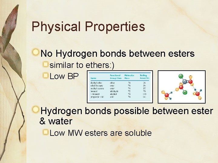 Physical Properties No Hydrogen bonds between esters similar to ethers: ) Low BP Hydrogen