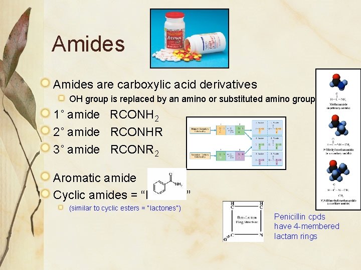 Amides are carboxylic acid derivatives OH group is replaced by an amino or substituted