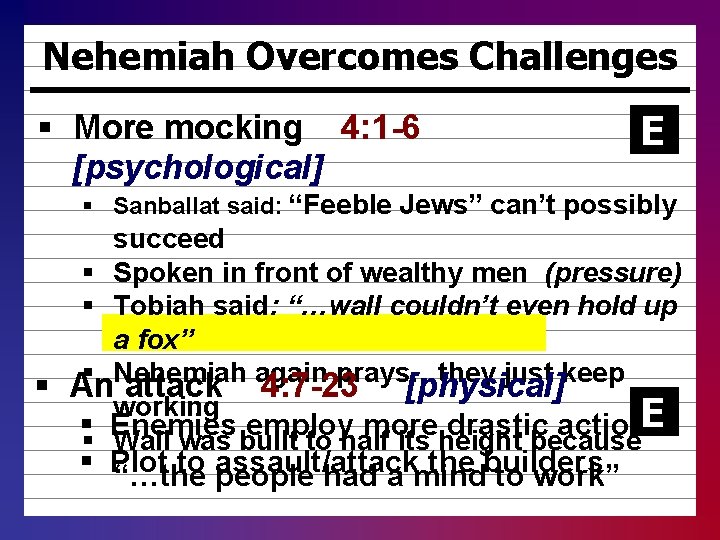 Nehemiah Overcomes Challenges § More mocking 4: 1 -6 [psychological] E § Sanballat said: