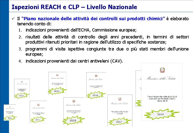 Ispezioni REACH e CLP – Livello Nazionale ü Il “Piano nazionale delle attività dei