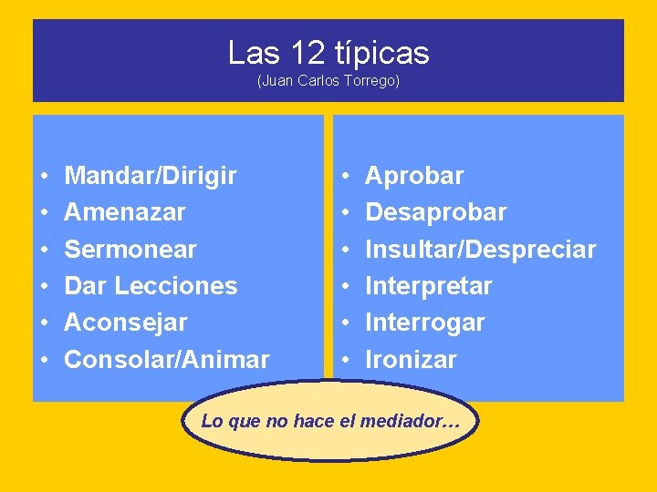 Las 12 típicas (Juan Carlos Torrego) • • • Mandar/Dirigir Amenazar Sermonear Dar Lecciones