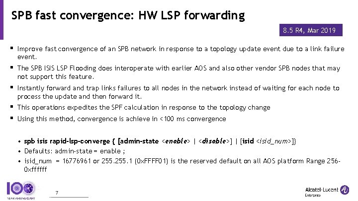 SPB fast convergence: HW LSP forwarding 8. 5 R 4, Mar 2019 § Improve