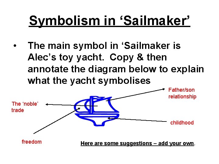 Symbolism in ‘Sailmaker’ • The main symbol in ‘Sailmaker is Alec’s toy yacht. Copy