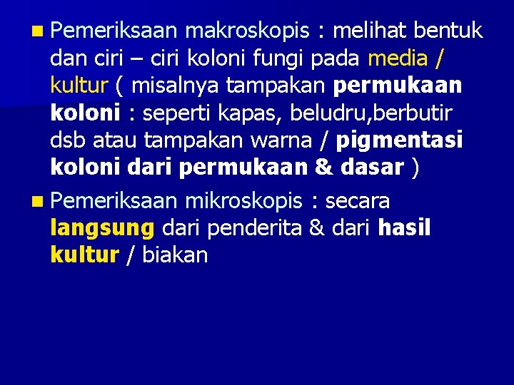 n Pemeriksaan makroskopis : melihat bentuk dan ciri – ciri koloni fungi pada media