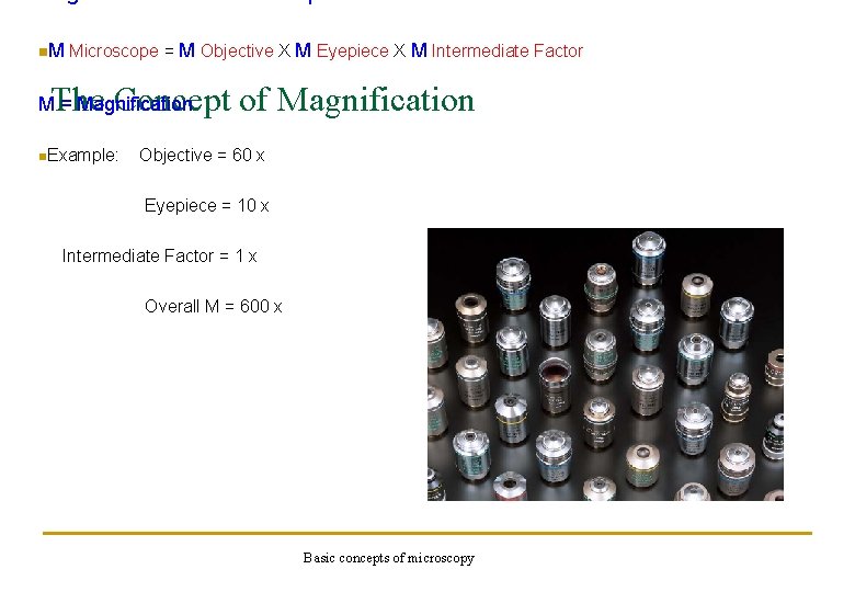 n. M Microscope = M Objective X M Eyepiece X M Intermediate Factor The