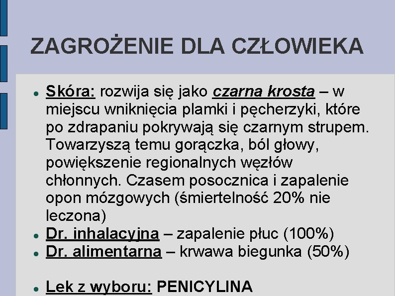 ZAGROŻENIE DLA CZŁOWIEKA Skóra: rozwija się jako czarna krosta – w miejscu wniknięcia plamki