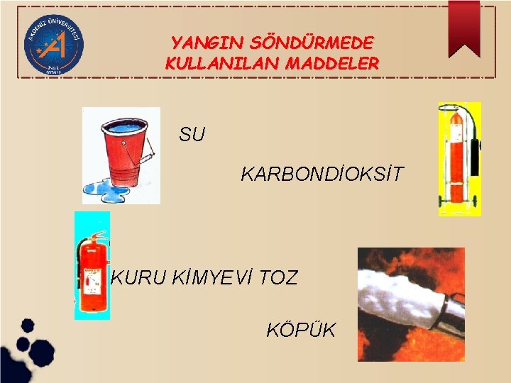 YANGIN SÖNDÜRMEDE KULLANILAN MADDELER SU KARBONDİOKSİT KURU KİMYEVİ TOZ KÖPÜK 