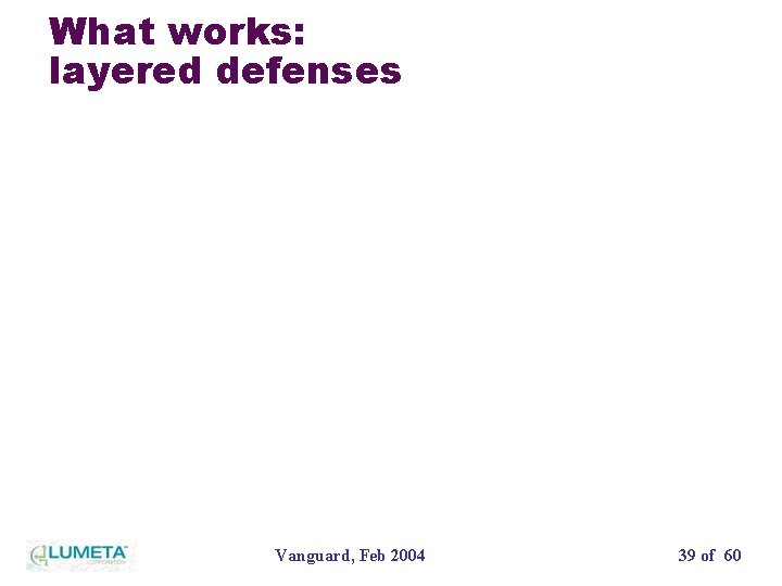 What works: layered defenses Vanguard, Feb 2004 39 of 60 