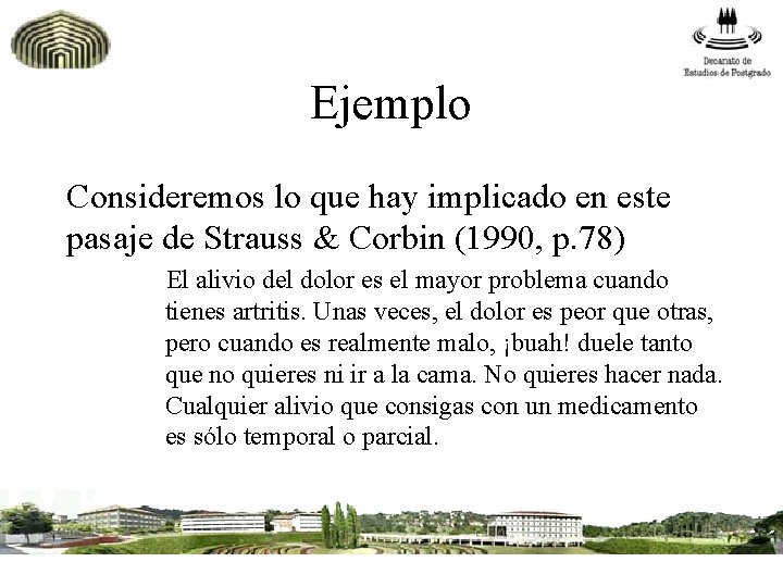 Ejemplo Consideremos lo que hay implicado en este pasaje de Strauss & Corbin (1990,