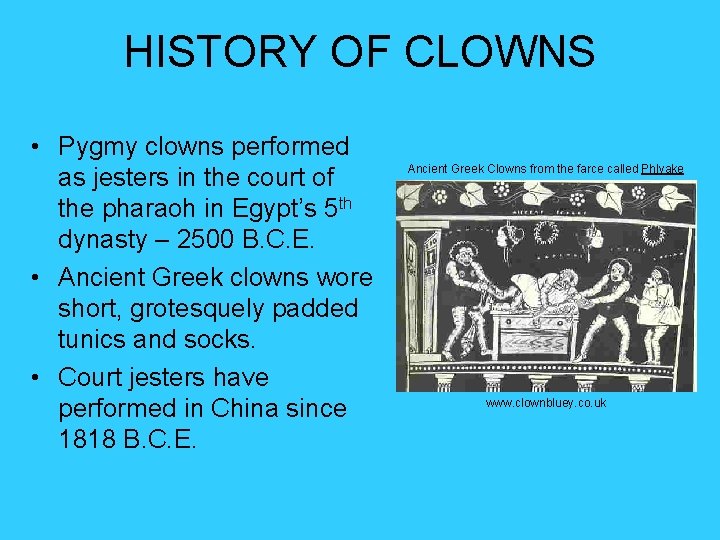HISTORY OF CLOWNS • Pygmy clowns performed as jesters in the court of the