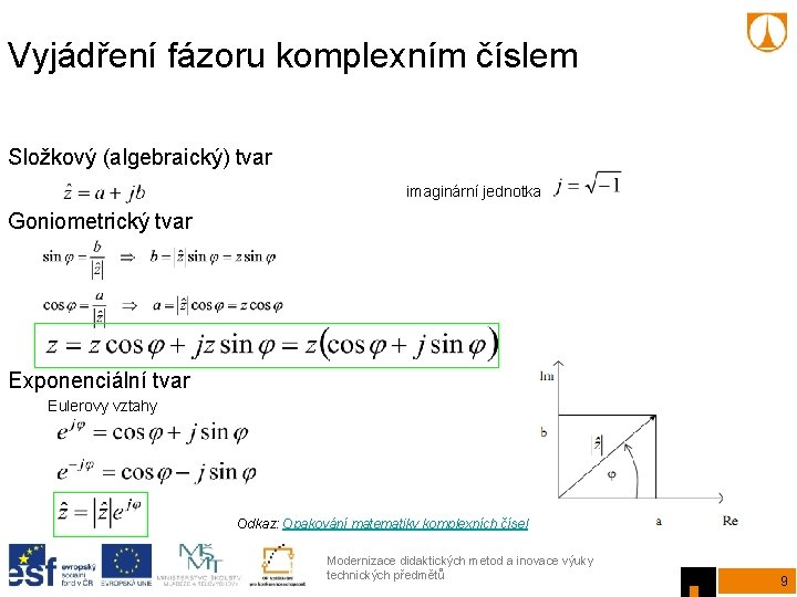Vyjádření fázoru komplexním číslem Složkový (algebraický) tvar imaginární jednotka Goniometrický tvar Exponenciální tvar Eulerovy