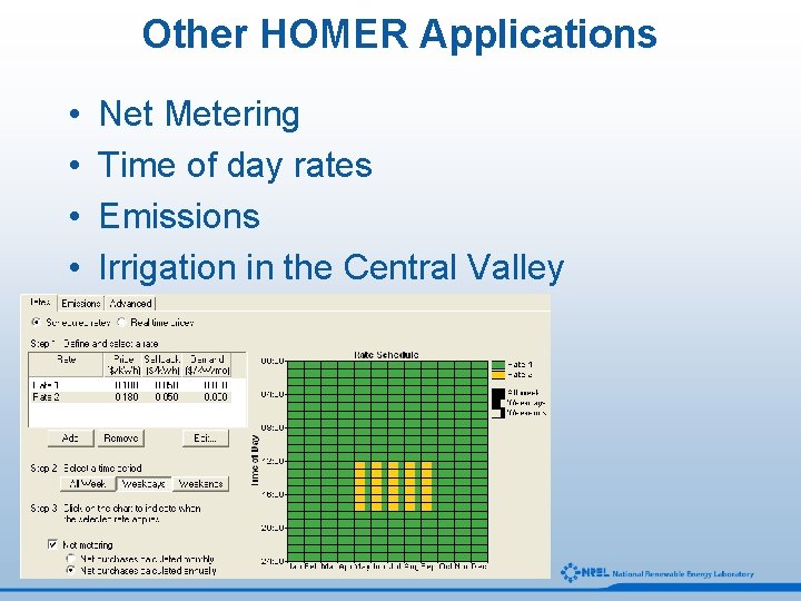 Other HOMER Applications • • Net Metering Time of day rates Emissions Irrigation in