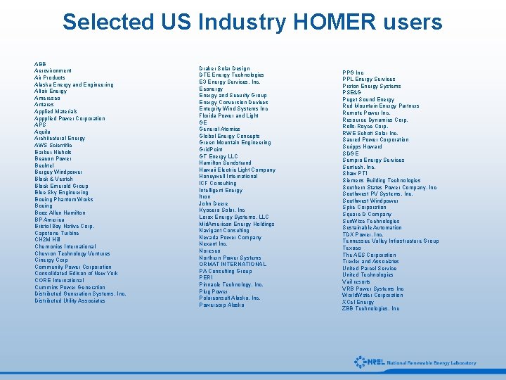 Selected US Industry HOMER users ABB Aerovironment Air Products Alaska Energy and Engineering Altair