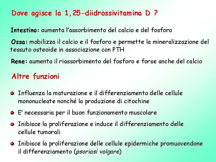 Dove agisce la 1, 25 -diidrossivitamina D ? Intestino: aumenta l’assorbimento del calcio e