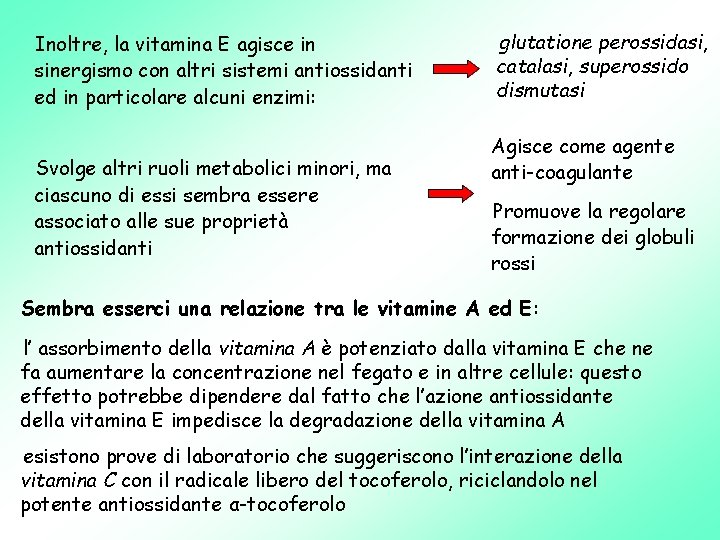 Inoltre, la vitamina E agisce in sinergismo con altri sistemi antiossidanti ed in particolare