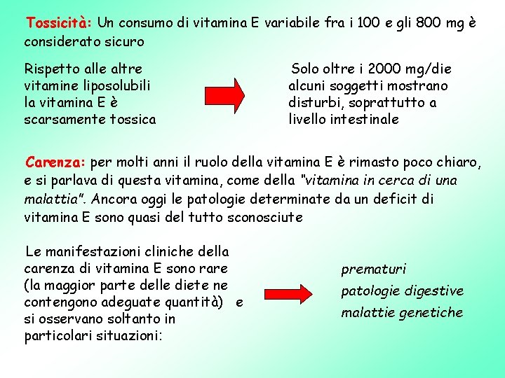 Tossicità: Un consumo di vitamina E variabile fra i 100 e gli 800 mg